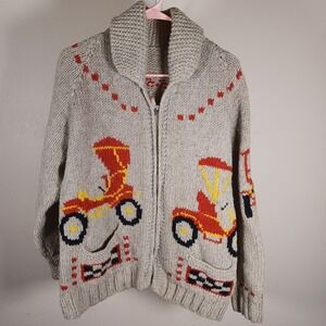 Vintage‎ Handmade Cowichan Mid Century Woven Wool Sweater Shawl Zip Cars Racing